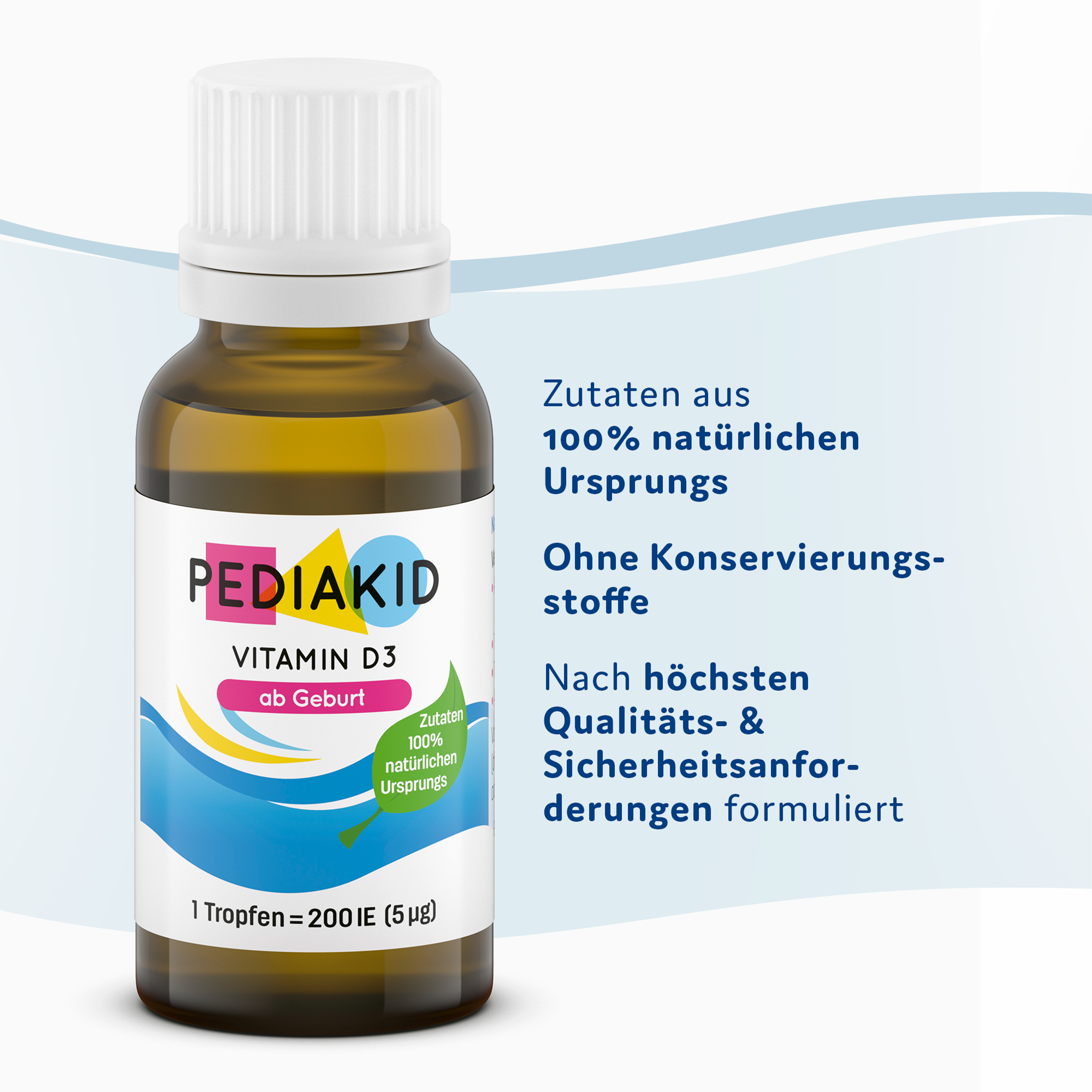 PEDIAKID® Vitamin D3 auf bläulicher Welle und Schrift