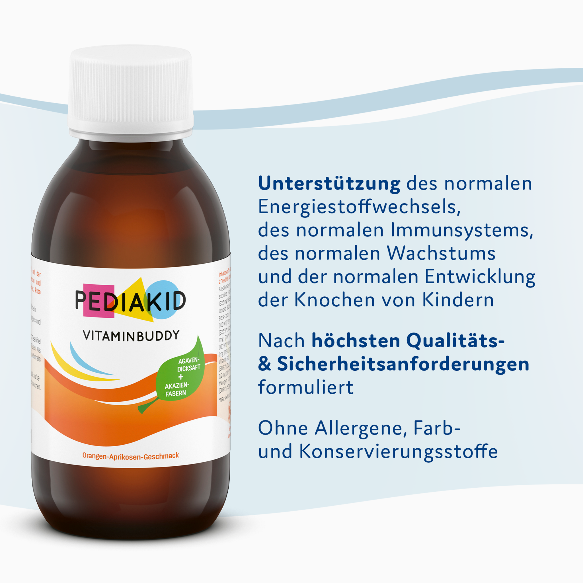 PEDIAKID® Vitaminbuddy auf bläulicher Welle und Schrift
