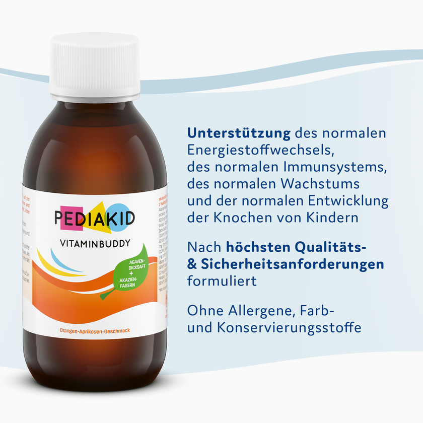 PEDIAKID® Vitaminbuddy auf bläulicher Welle und Schrift