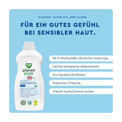 Planet Pure Universal Waschmittel Flasche auf blauem Grund und Schrift