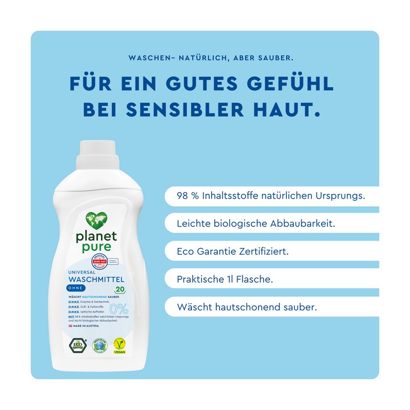 Planet Pure Universal Waschmittel Flasche auf blauem Grund und Schrift