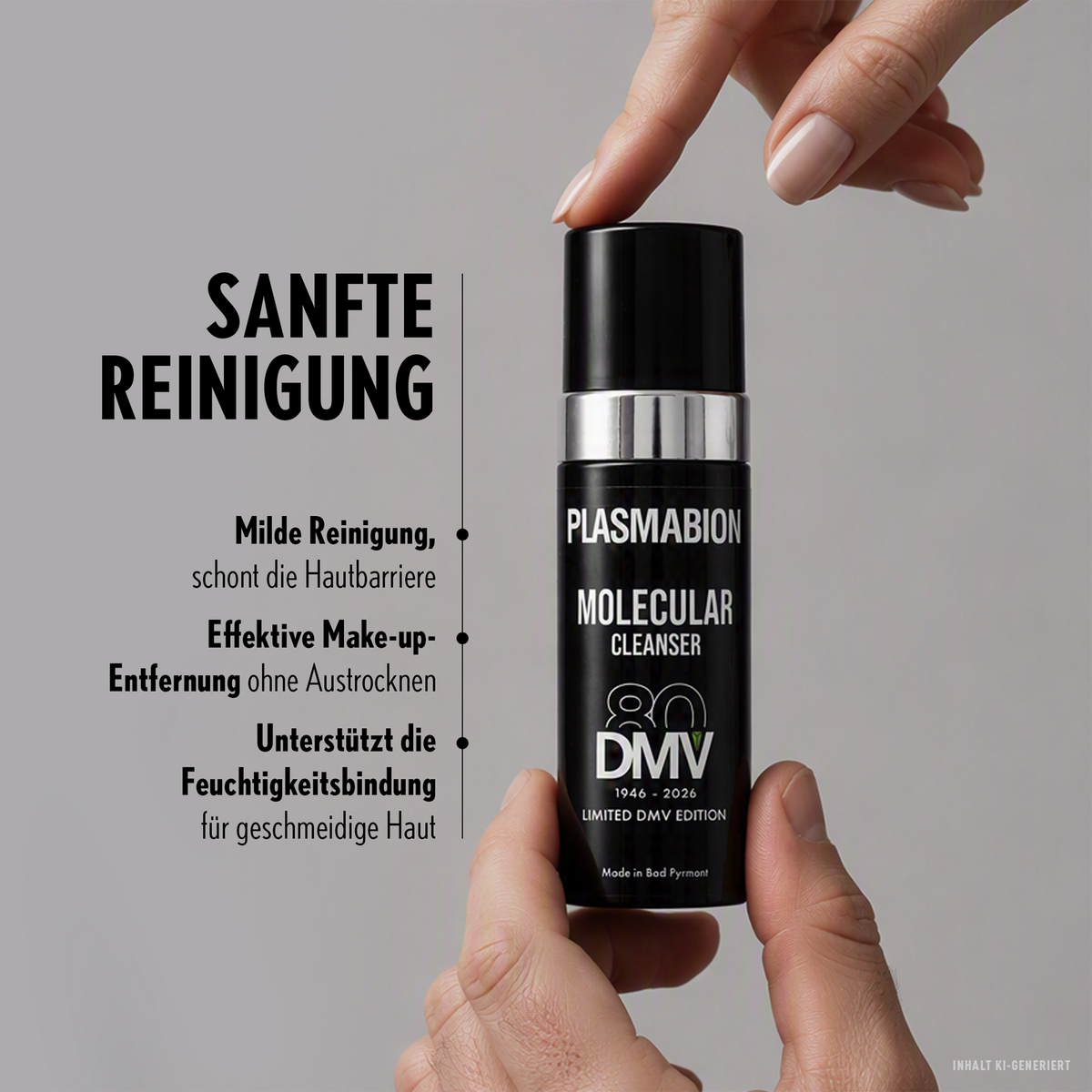 PLASMABION Molecular Cleanser - 150ml zwischen Frauenhand von oben, Männerhand von unten und Schrift neben Linie und Punkten auf grauem Hintergrund