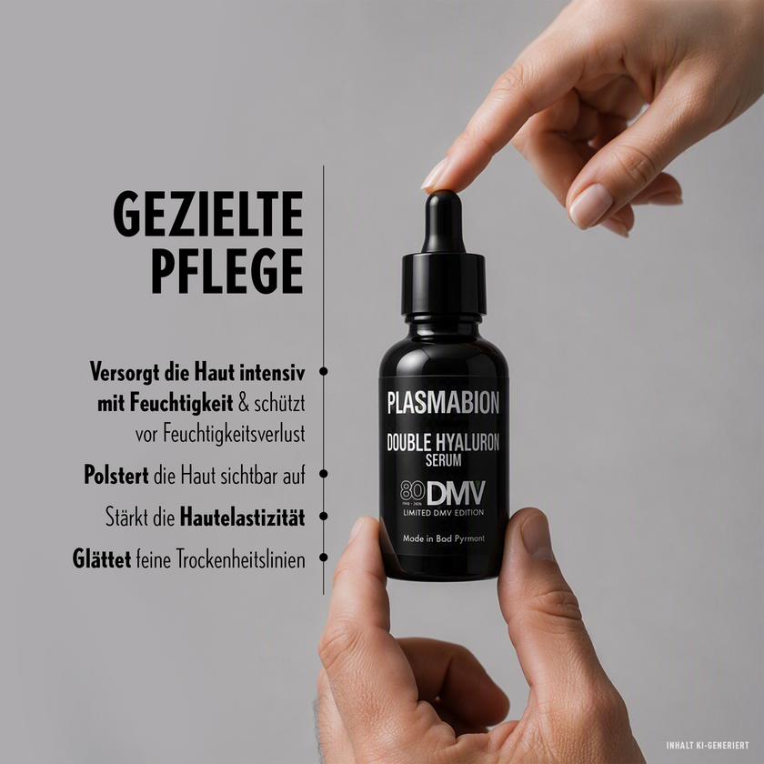 PLASMABION Double Hyaluron Serum - 30ml zwischen Frauenhand von oben, Männerhand von unten und Schrift neben Linie und Punkten auf grauem Hintergrund