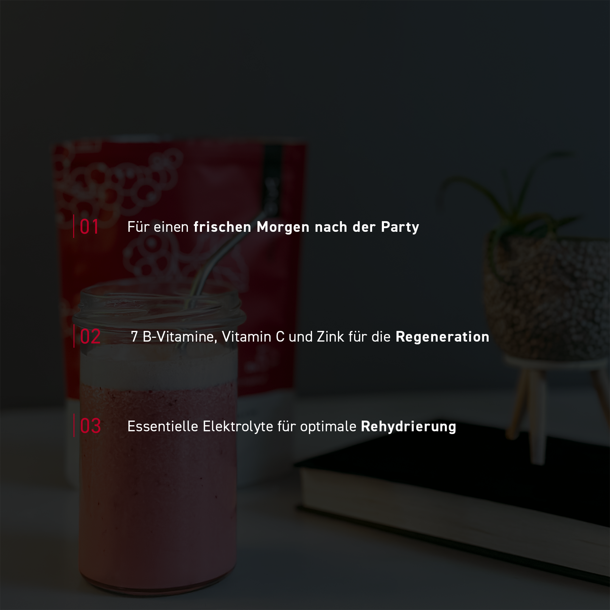 Glas und Vit2go Drink Recovery Standbodenbeutel stark abgedunkelt und Schrift im Vordergrund
