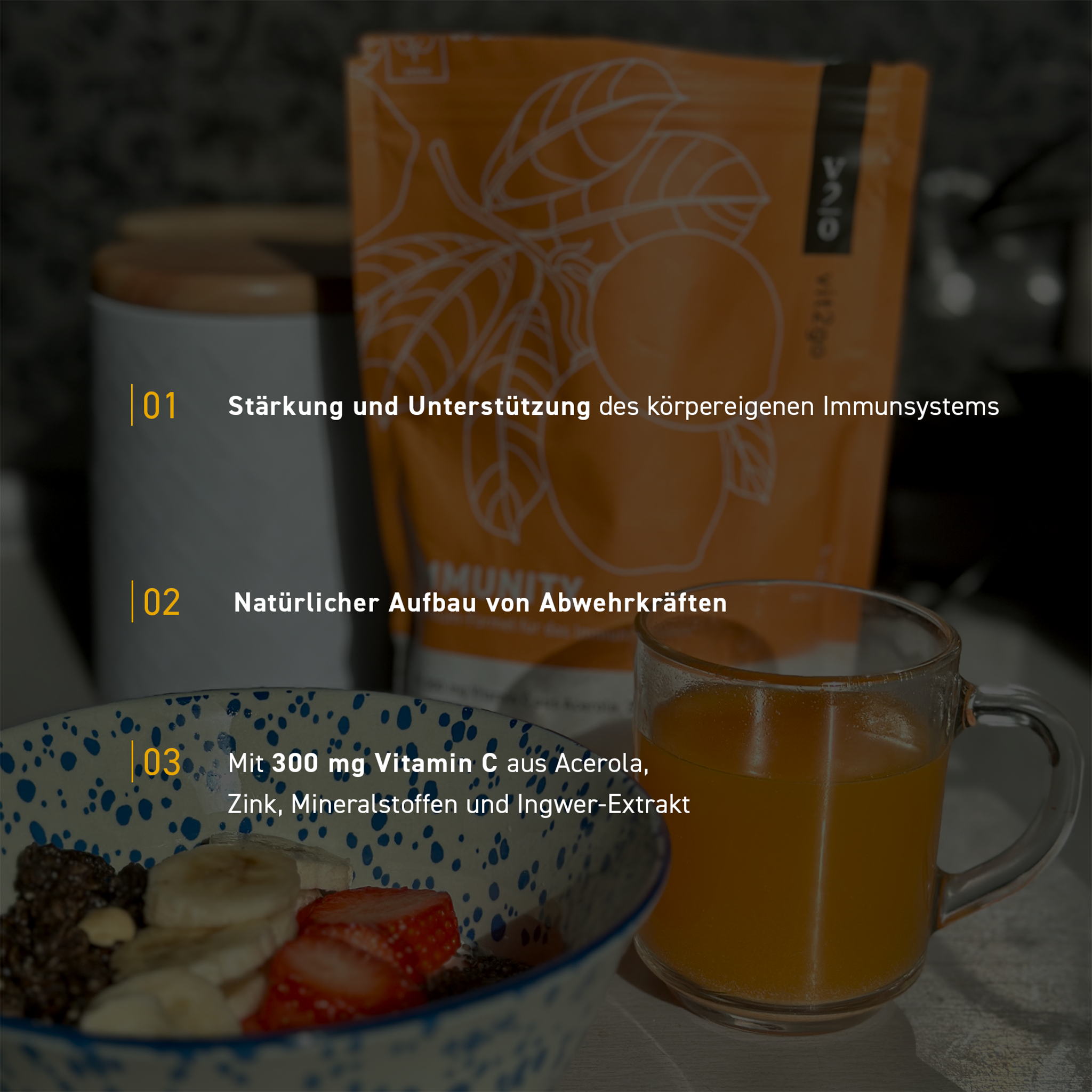 Glas, Müsliteller und Verpackung von Vit2go Immunity stark abgedunkelt hinter weißer Schrift