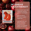 Merkmale von YEAUTY Eye Pad Mask Bakuchiol Boost und Verpackung auf geöffneten Granatäpfeln