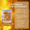 Merkmale von YEAUTY Eye Pad Mask Beauty Boost und Verpackung auf goldenem flüssigem Glitter