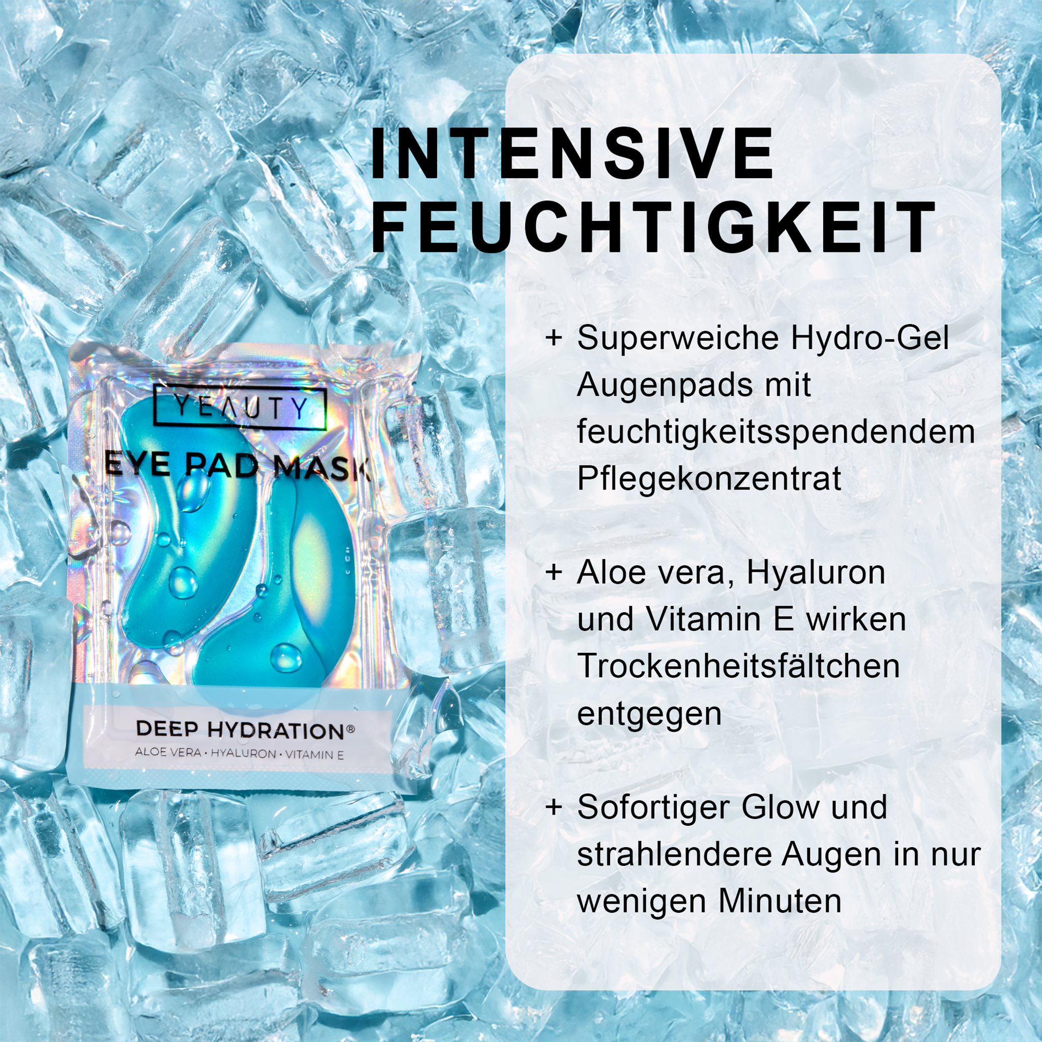 YEAUTY Eye Pad Mask Deep Hydration auf Eiswürfeln und Schrift auf Balken