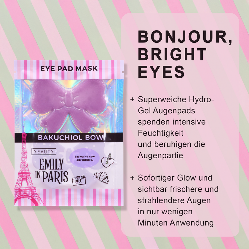 YEAUTY Emily in Paris Eye Pad Mask Bakuchiol Bow auf gestricheltem Grund und Balken mit Schrift