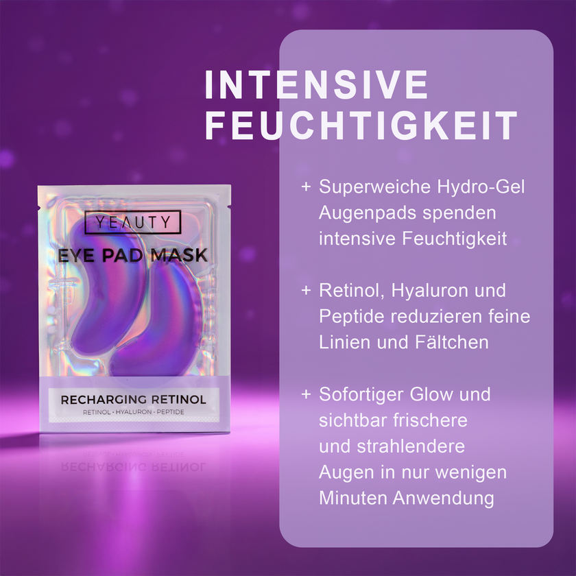 YEAUTY Eye Pad Mask Recharging Retinol im lilafarbenen Raum und Schrift auf Balken