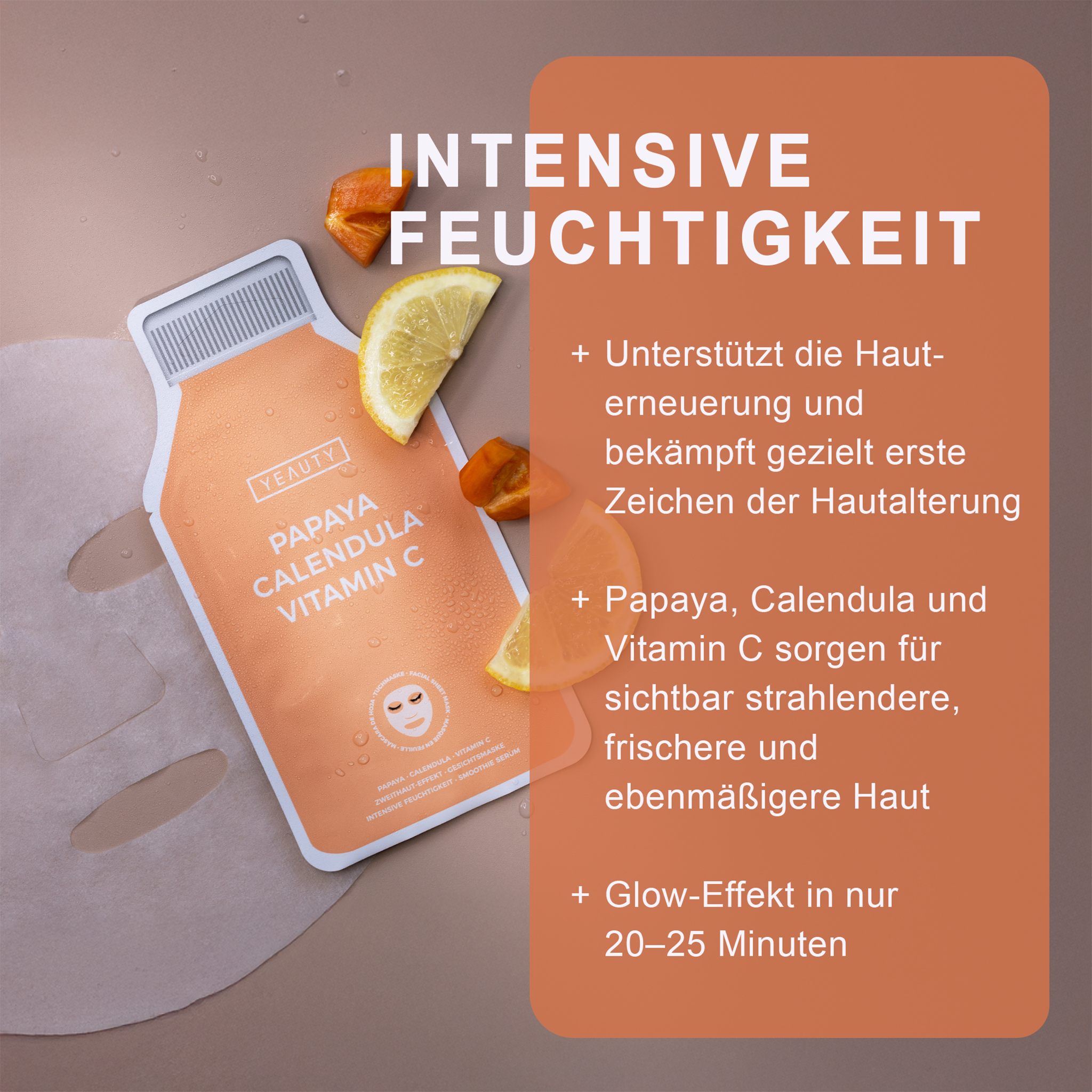 Merkmale von YEAUTY Tuchmaske Papaya Calendula Vitamin C und Verpackung auf ausgebreiteter Tuchmaske