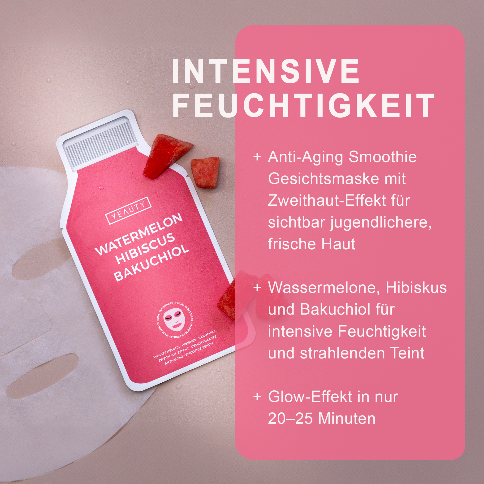 Merkmale von YEAUTY Tuchmaske Watermelon Hibiskus Bakuchiol und Verpackung mit ausgebreiterer Tuchmaske