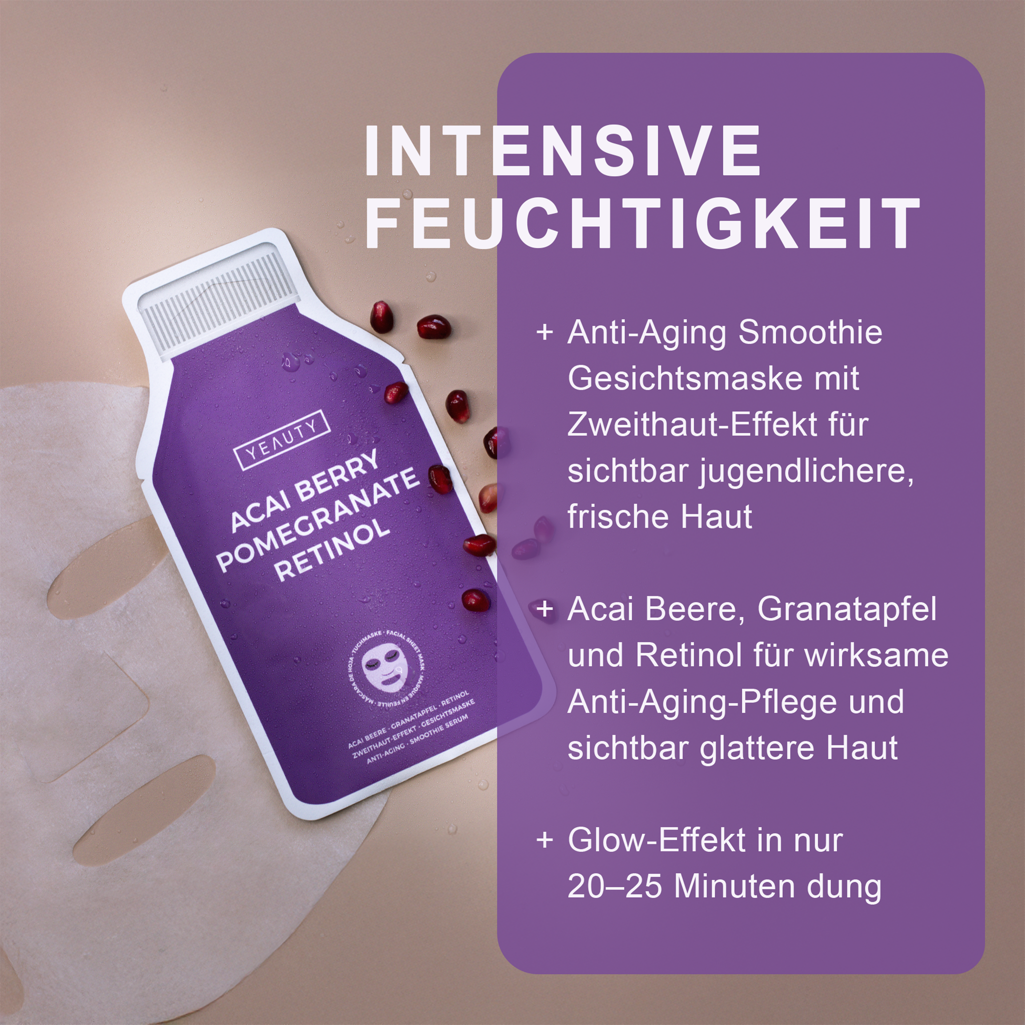 Merkmale von YEAUTY Tuchmaske Acai Berry Pomegranate Retinol und Verpackung mit ausgebreiteter Maske