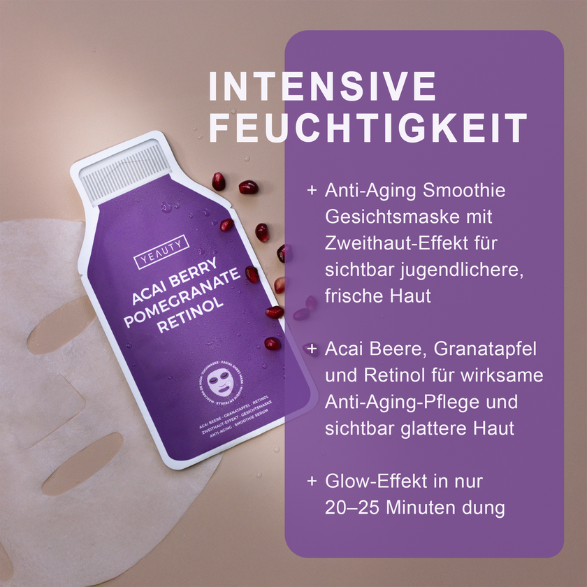 Merkmale von YEAUTY Tuchmaske Acai Berry Pomegranate Retinol und Verpackung mit ausgebreiteter Maske