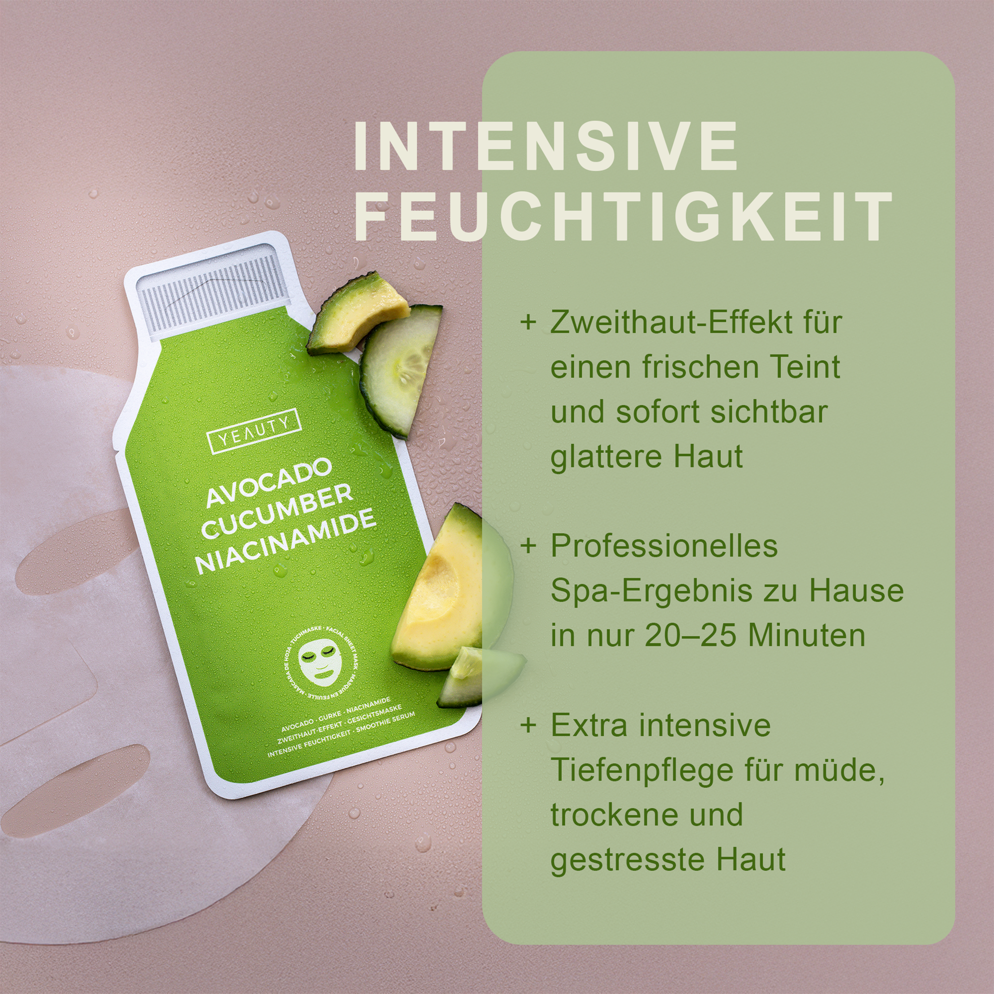 Merkmale von YEAUTY Tuchmaske Avocado Cucumber Niacinamide und Verpackung neben ausgebreiteter Tuchmaske