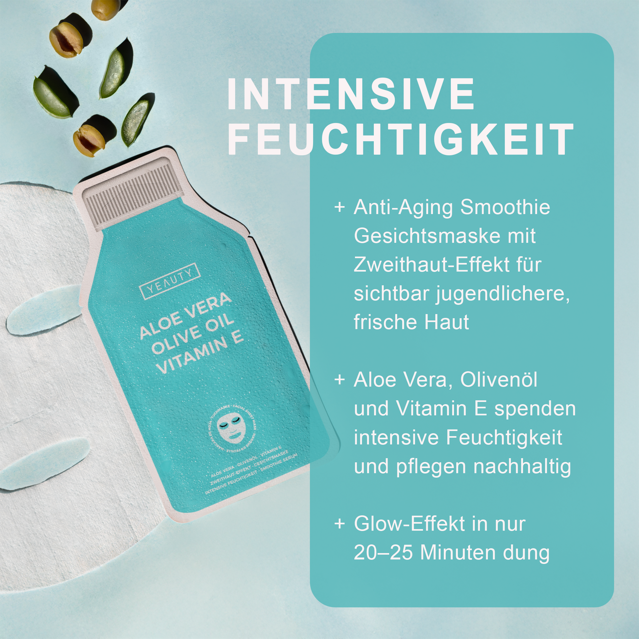 Merkmale von YEAUTY Tuchmaske Aloe Vera Olive Oil Vitamin E neben Verpackung und ausgebreiteter Tuchmaske
