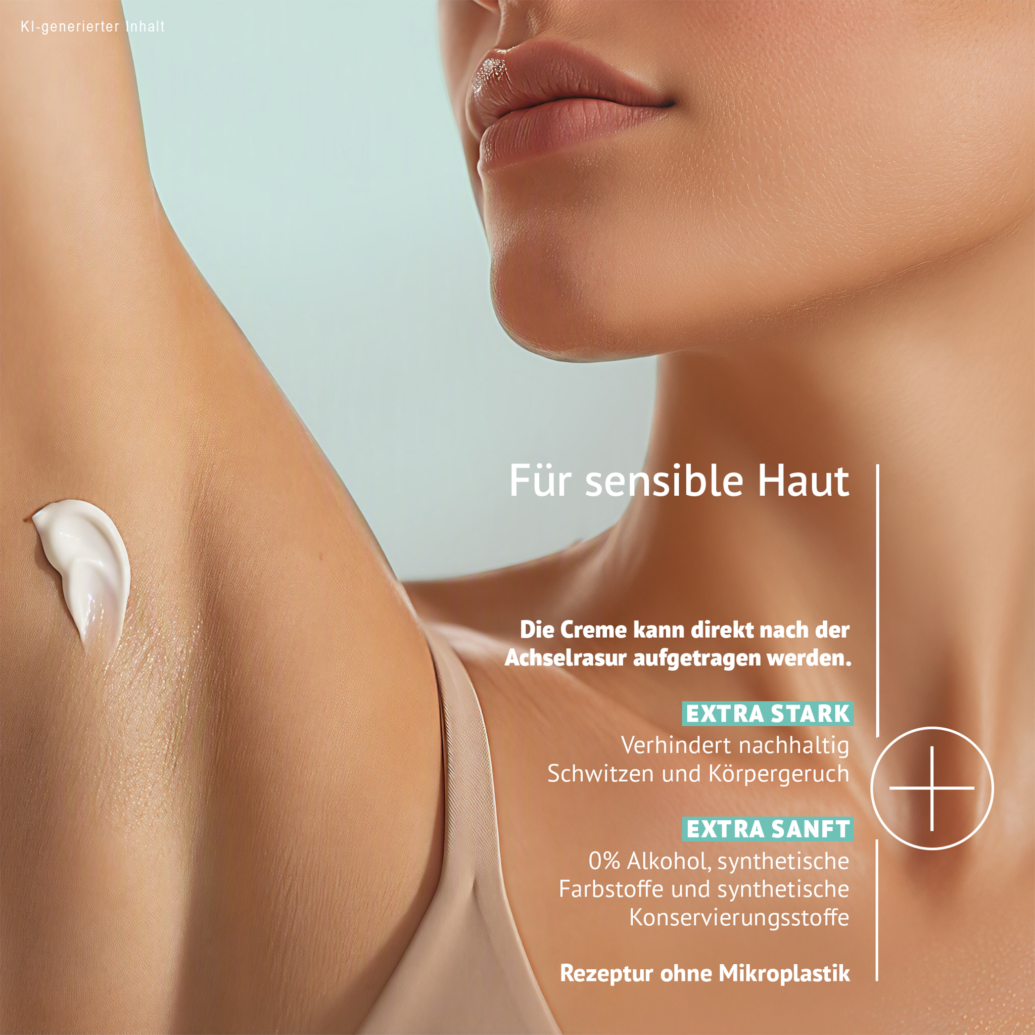 Close up vom Schlüsselbeinbereich einer Frau, Creme im Achselbereich und Schrift