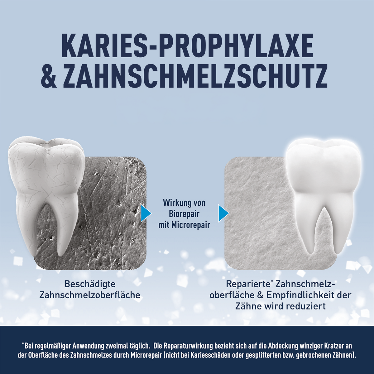 Zwei Zähne mit zugehöriger Nahaufnahme und Schrift auf hellblauem Grund und dunkelblauer Balken mit Schrift am unteren Rand