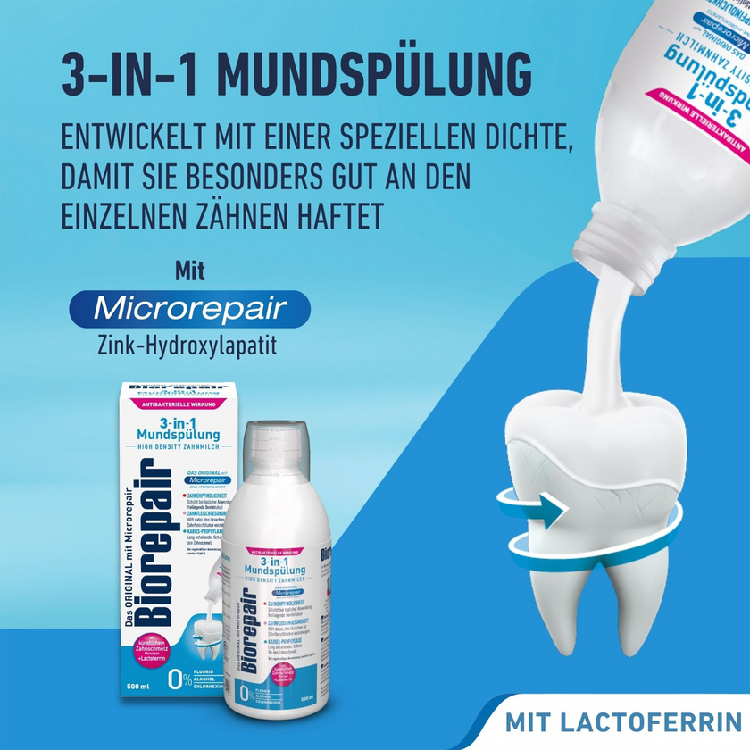 Biorepair 3-in1 Mundspülung Flasche kippt Inhalt auf Zahn, Schrift auf blauem Grund