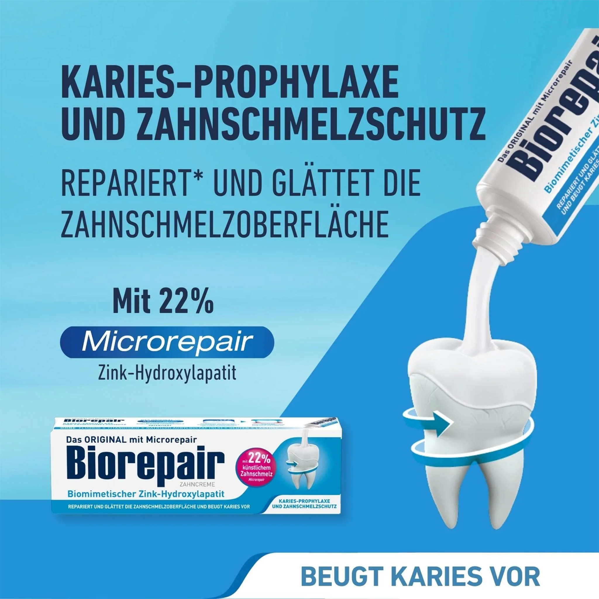 Zahn und Biorepair Karies-Prophylaxe und Zahnschmelzschutz auf Balken und Schrift auf blauem Grund