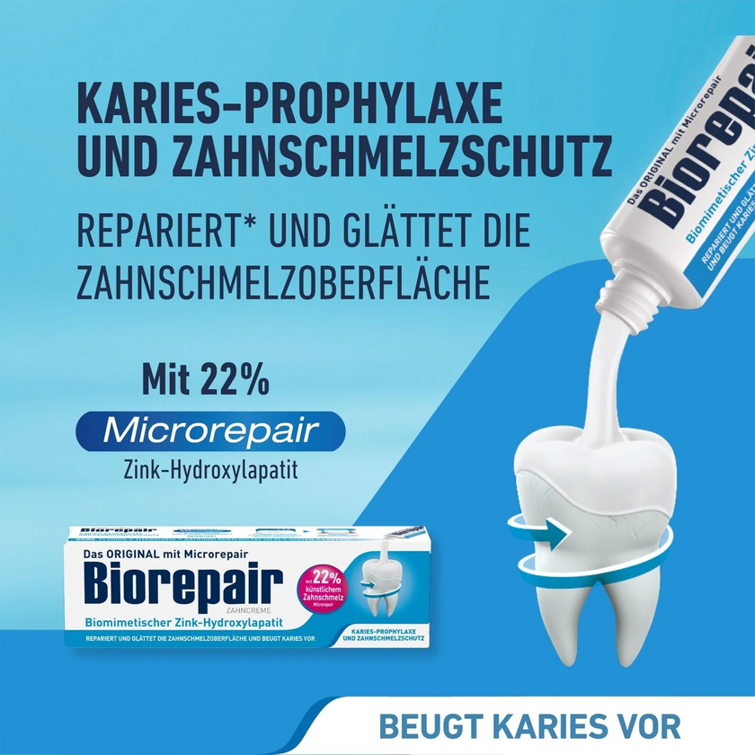 Zahn und Biorepair Karies-Prophylaxe und Zahnschmelzschutz auf Balken und Schrift auf blauem Grund