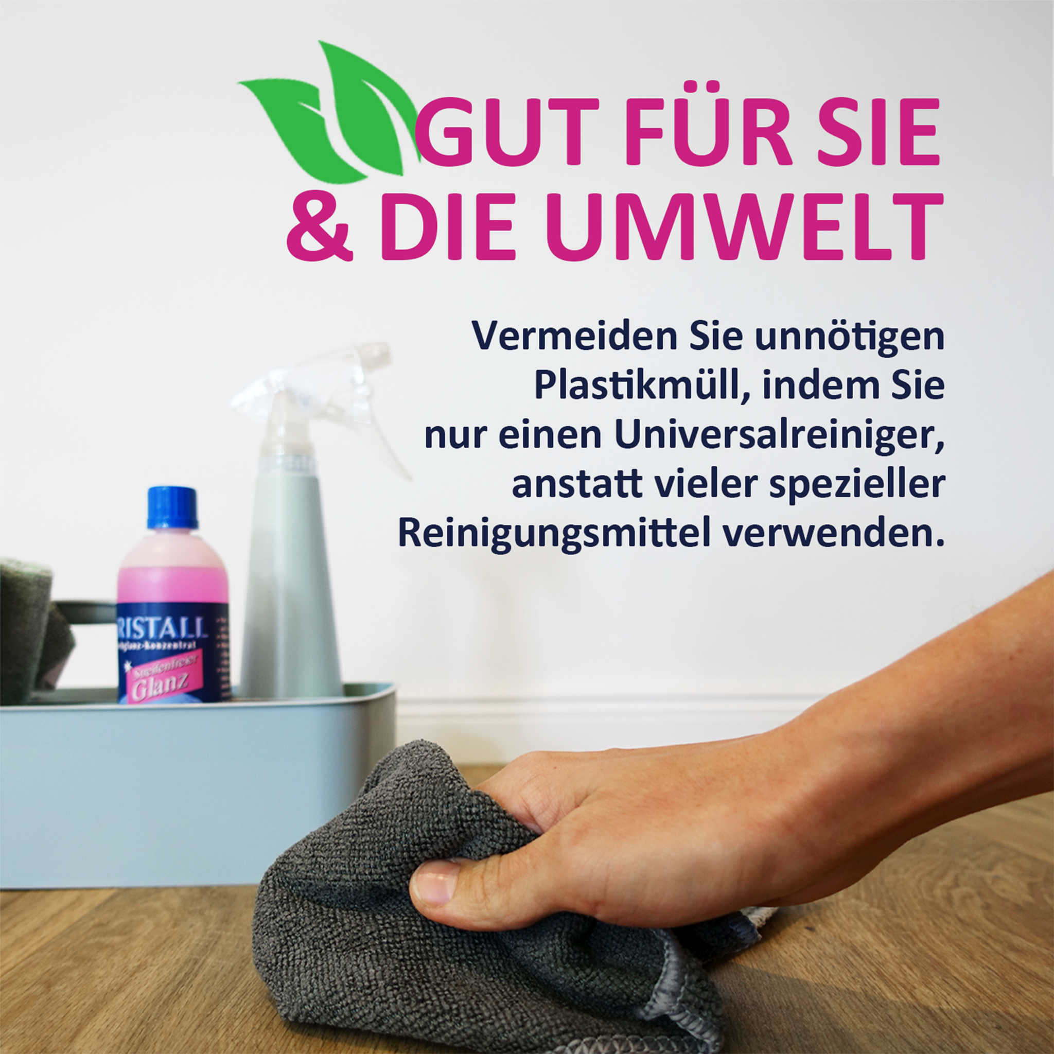 Hand mit Lappen und Putzutensilien und Schrift mit Blatt-Icon