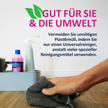 Hand mit Lappen und Putzutensilien und Schrift mit Blatt-Icon