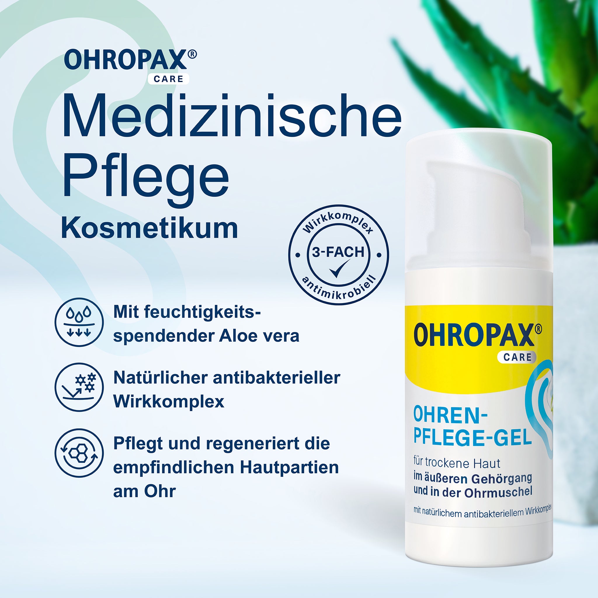 OHROPAX Ohren-Pflege-Gel Pumpspender auf blauem Grund mit Pflanze im Hintergrund und Schrift