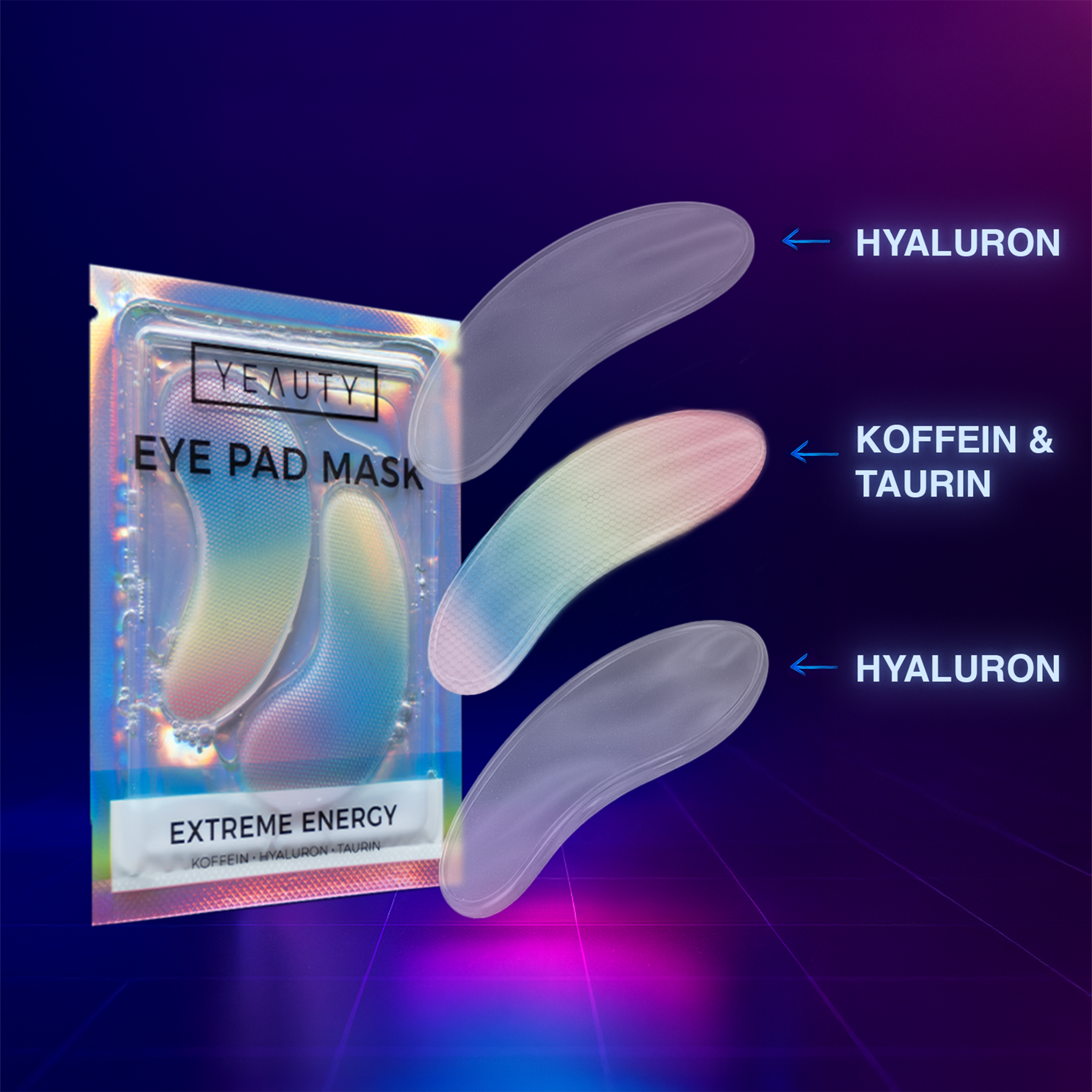 YEAUTY Eye Pad Mask Extreme Energy Verpackung und Eye Pad in drei Schichten zerlegt mit Beschriftung auf dunklem Grund