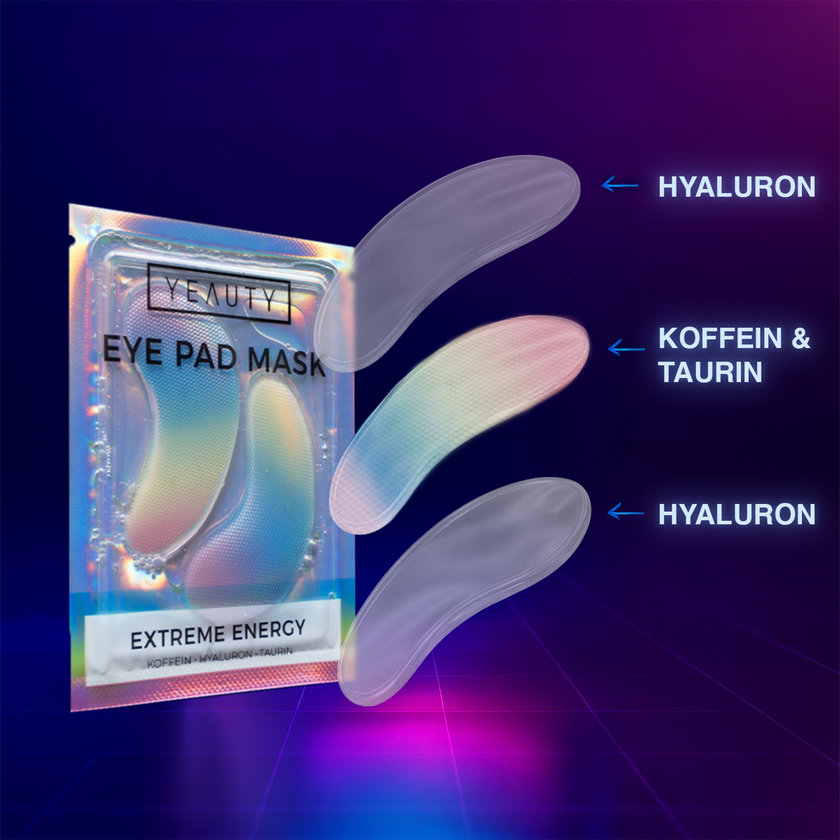 YEAUTY Eye Pad Mask Extreme Energy Verpackung und Eye Pad in drei Schichten zerlegt mit Beschriftung auf dunklem Grund