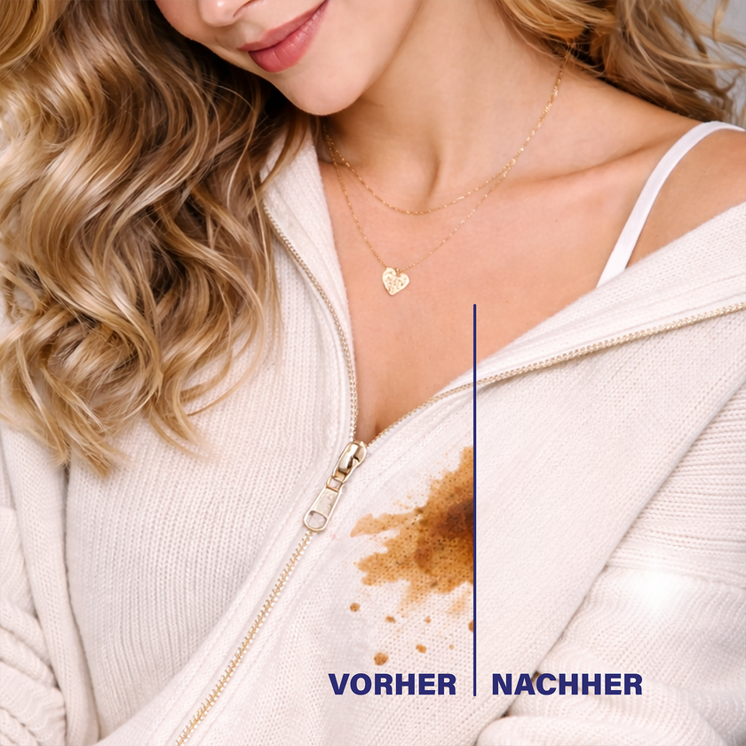 Frau mit hellem Cardigan mit halbem Kaffeefleck drauf und Schrift