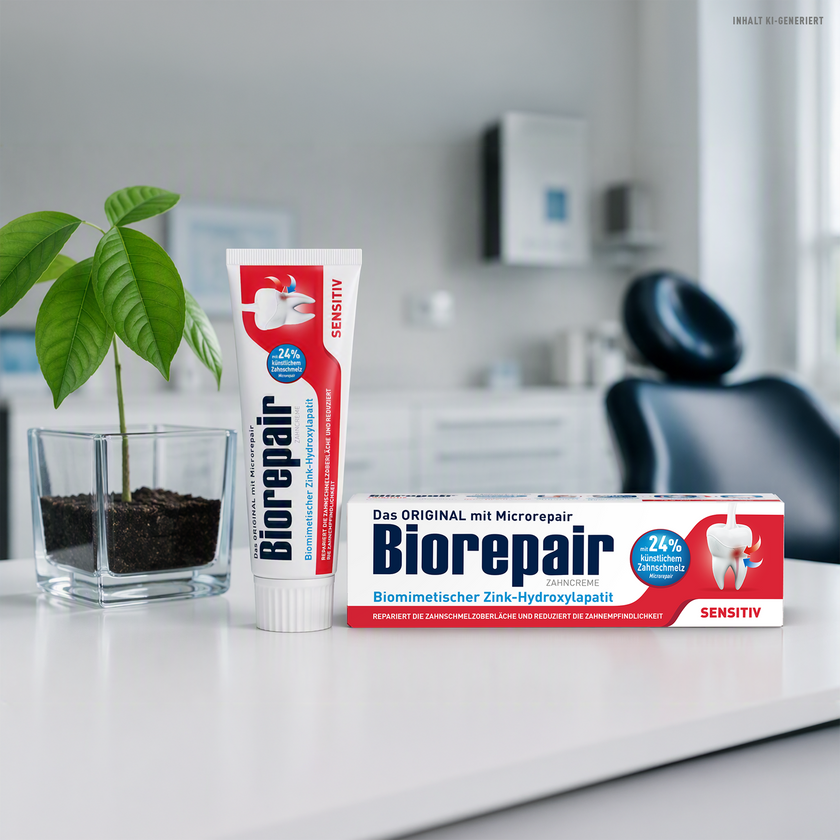 Biorepair Zahncreme Sensitive Teeth und Verpackung auf Tisch neben Pflanze im Praxiszimmer
