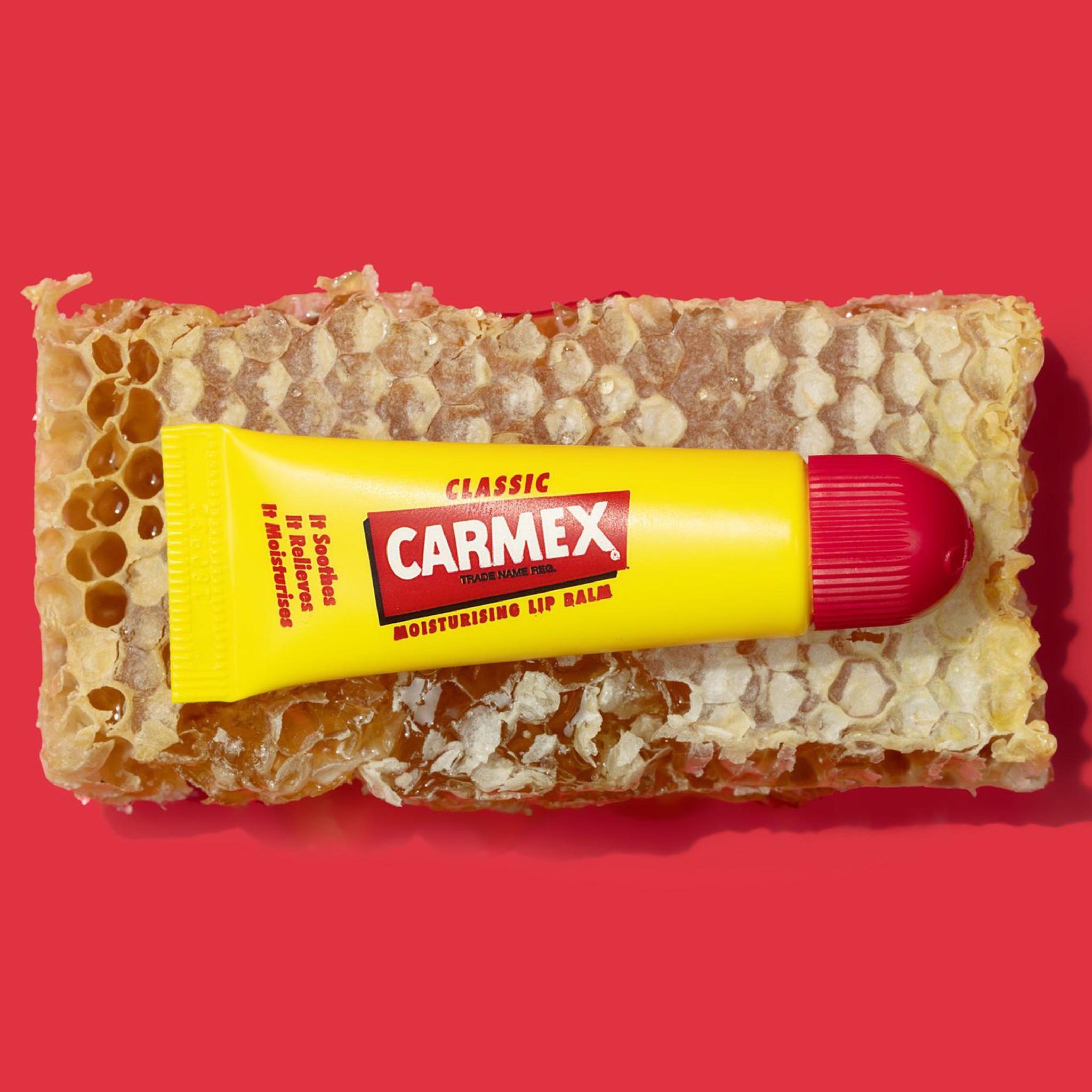 Carmex Classic Tube auf Honigwabe auf rotem Grund