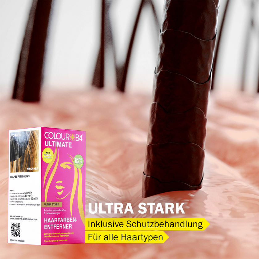 Close up von Haaransatz, Colour B4 Ultimate Haarfarben-Entferner und Schrift