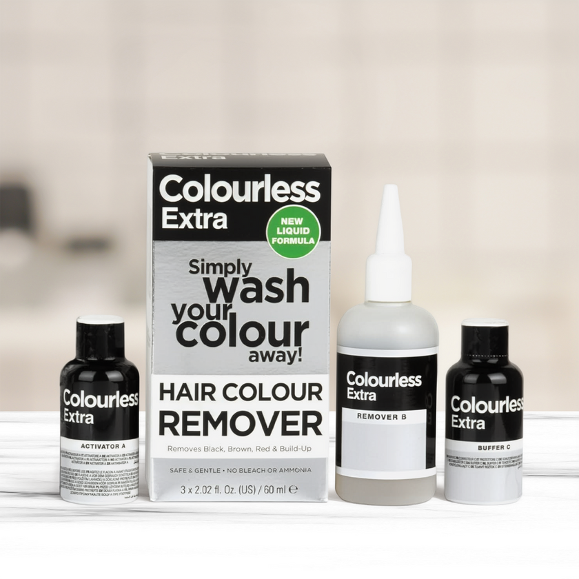 Inhalt der Verpackung von Colourless Haarfarben-Entferner Max Effect auf Badablage