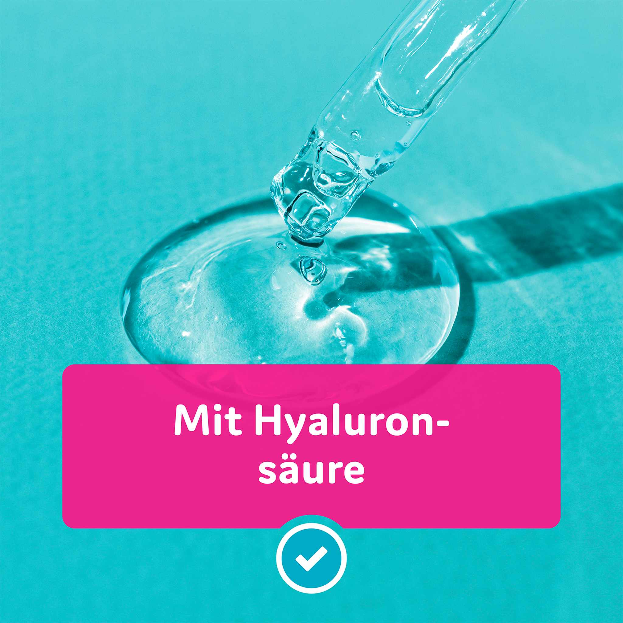 Pipettenspitze und Flüssigkeit auf blauem Grund und Balken auf Schrift