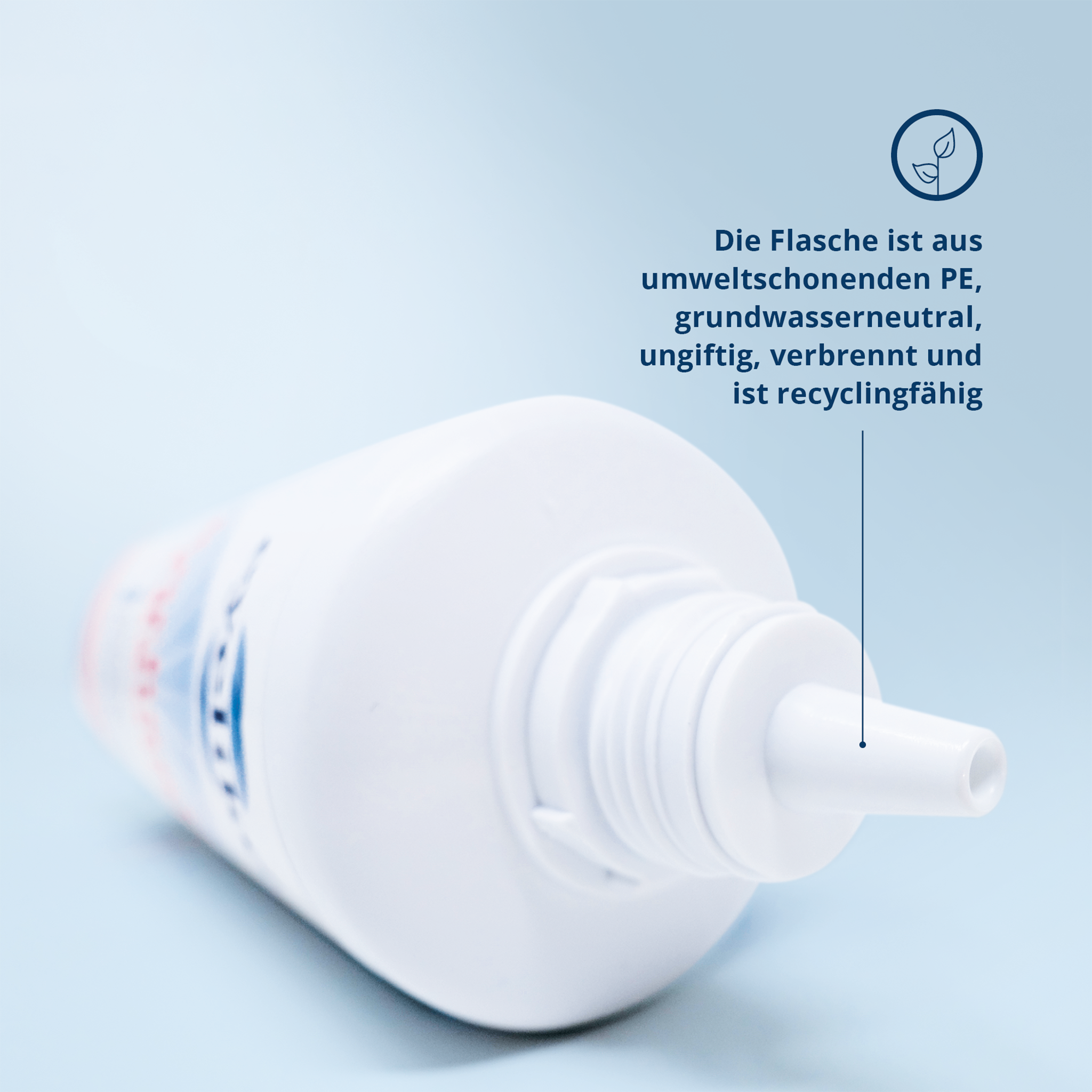 geöffnete liegende eyelike Kombi Lösung - 360ml Flasche auf blauem Grund mit Icon und Schrift