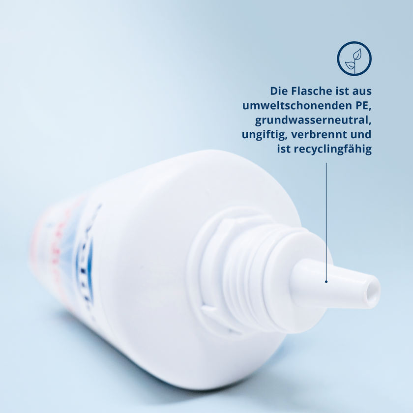 geöffnete liegende eyelike Kombi Lösung - 360ml Flasche auf blauem Grund mit Icon und Schrift