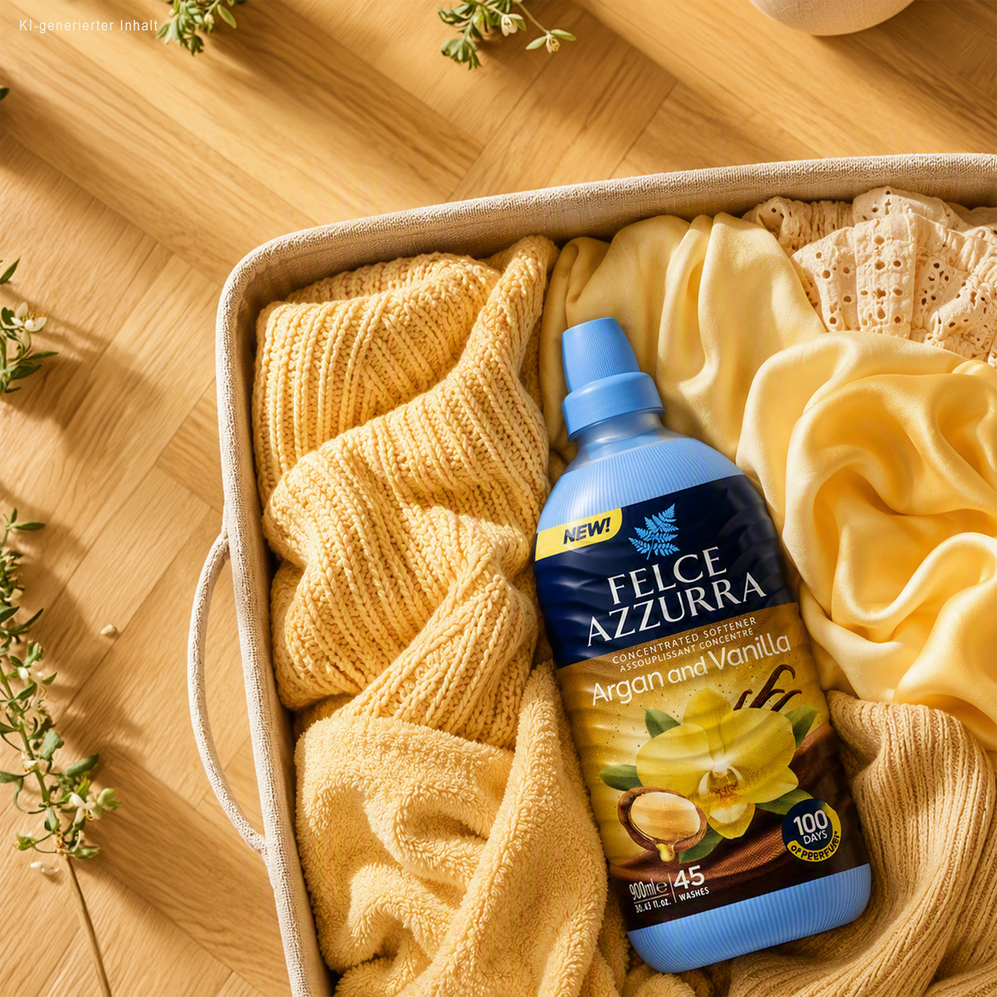 Azzurra Weichspüler Argan and Vanilla 900ml auf Wäsche im Wäschekorb auf Pakett