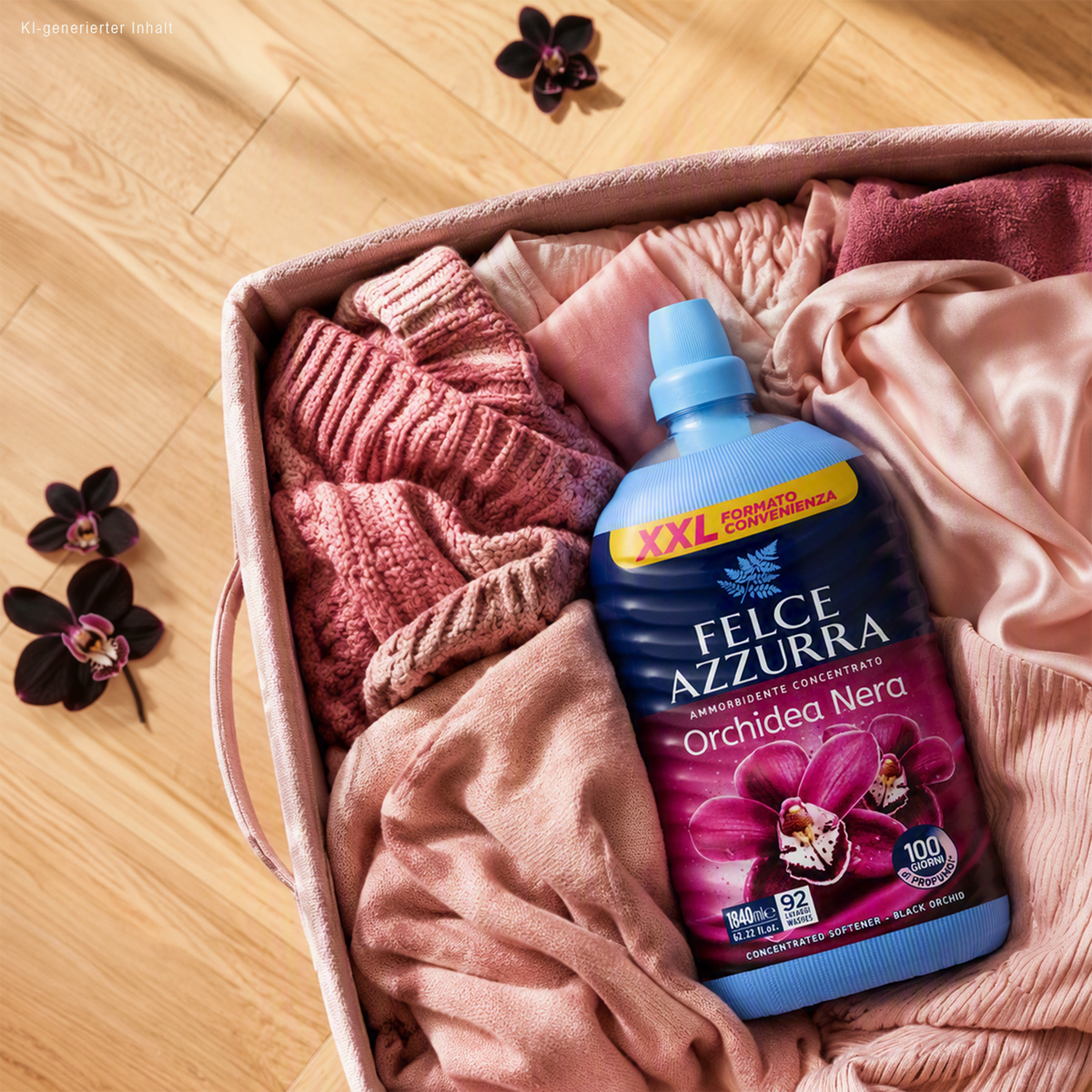 Felce Azzurra Weichspüler XXL Orchidea Nera - 1840ml auf Wäsche im Wäschekorb auf Pakett