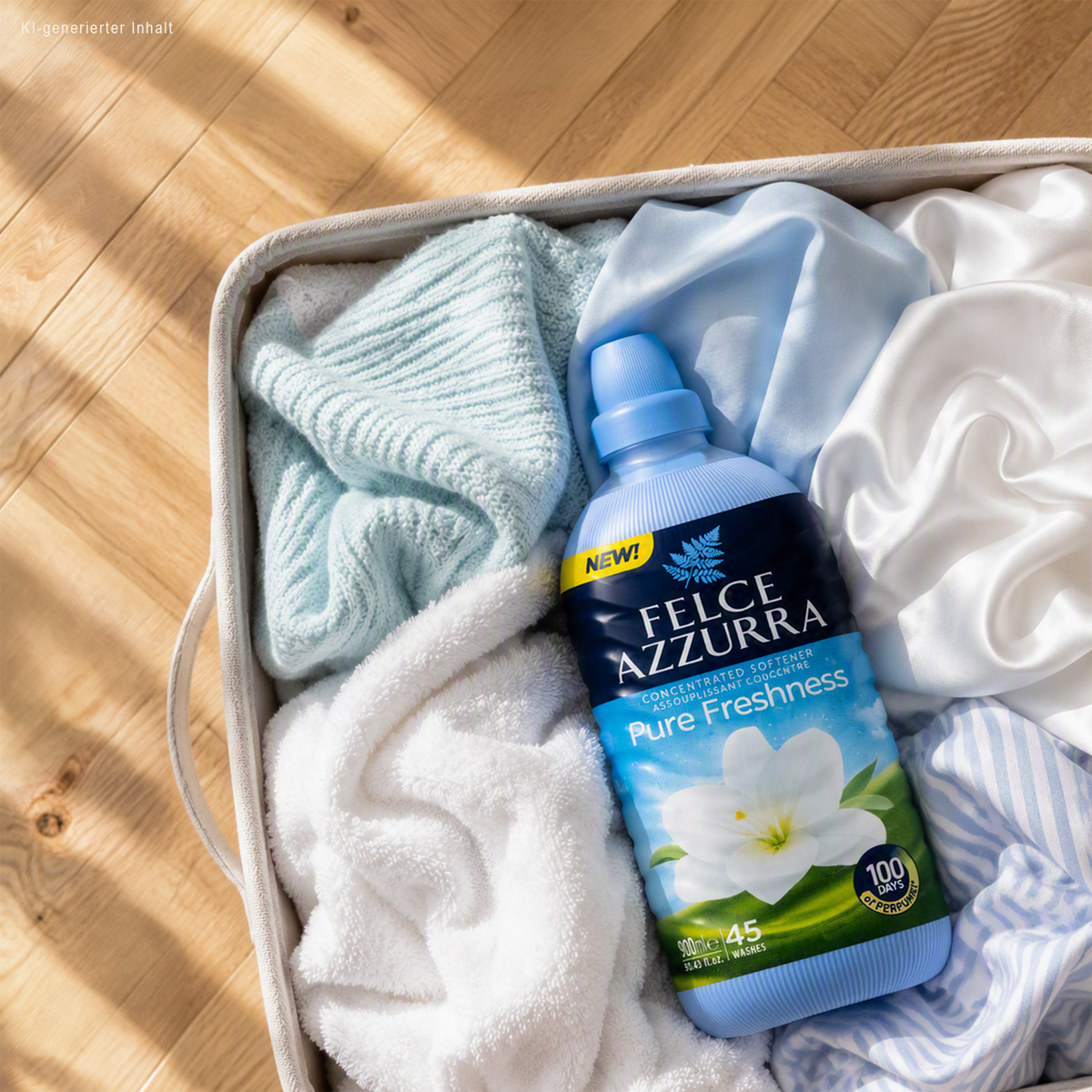 Azzurra Weichspüler Pure Freshness auf Wäsche im Wäschekorb auf Pakett