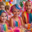 3 Kinder am gedeckten Tisch mit bunten Haaren und bunter Kleidung