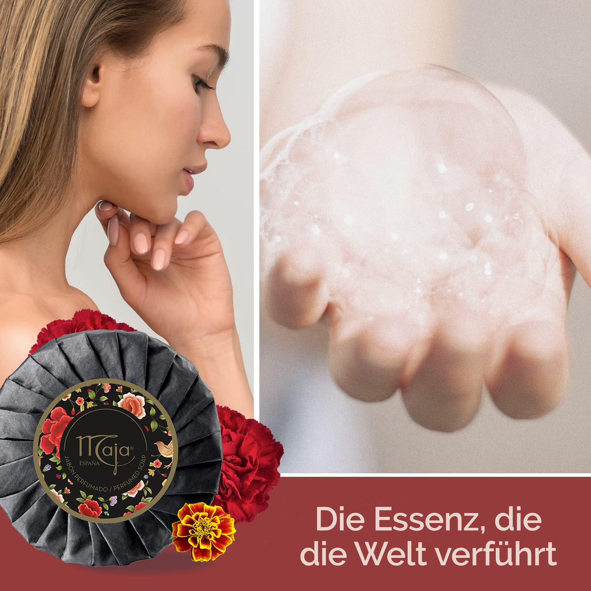 Frau im Profil und Hand mit Schaum nebeneinander, Seife und Text auf rotem Balken