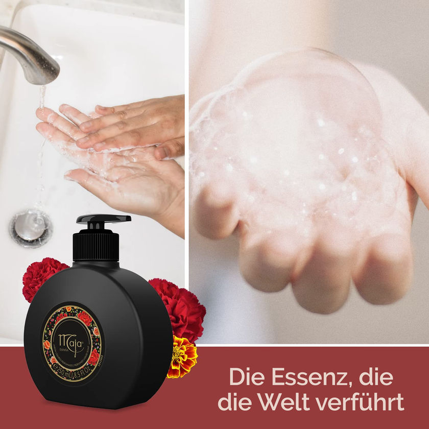 Hände mit Schaum und beim Waschen über rotem Balken mit Maja Flüssigseife und Schrift