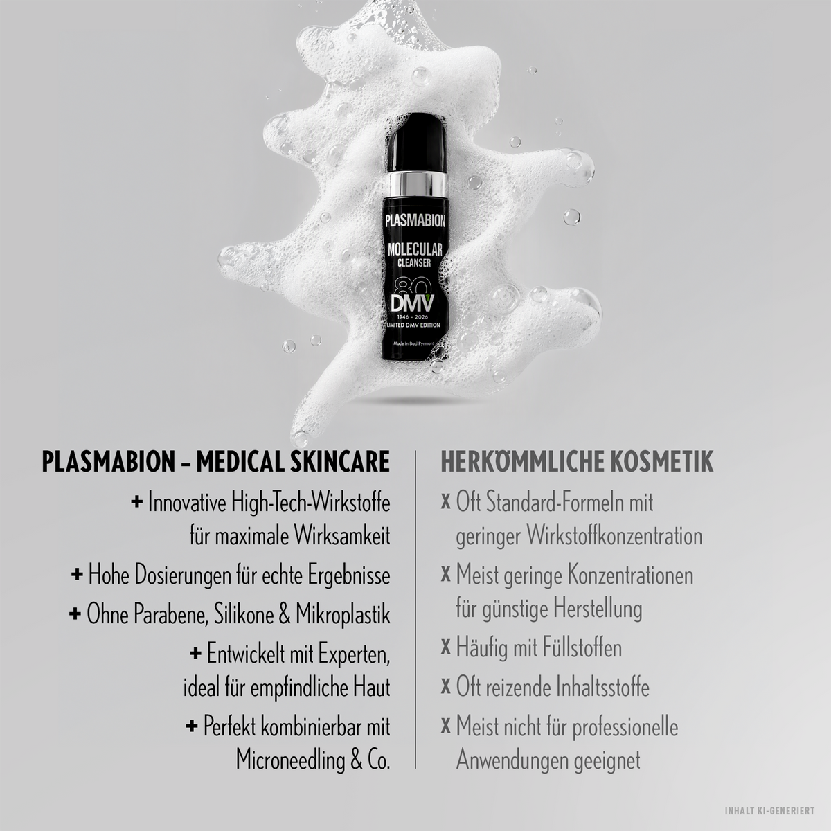 PLASMABION Molecular Cleanser - 150ml in Schaum über Schrift auf grauem Hintergrund