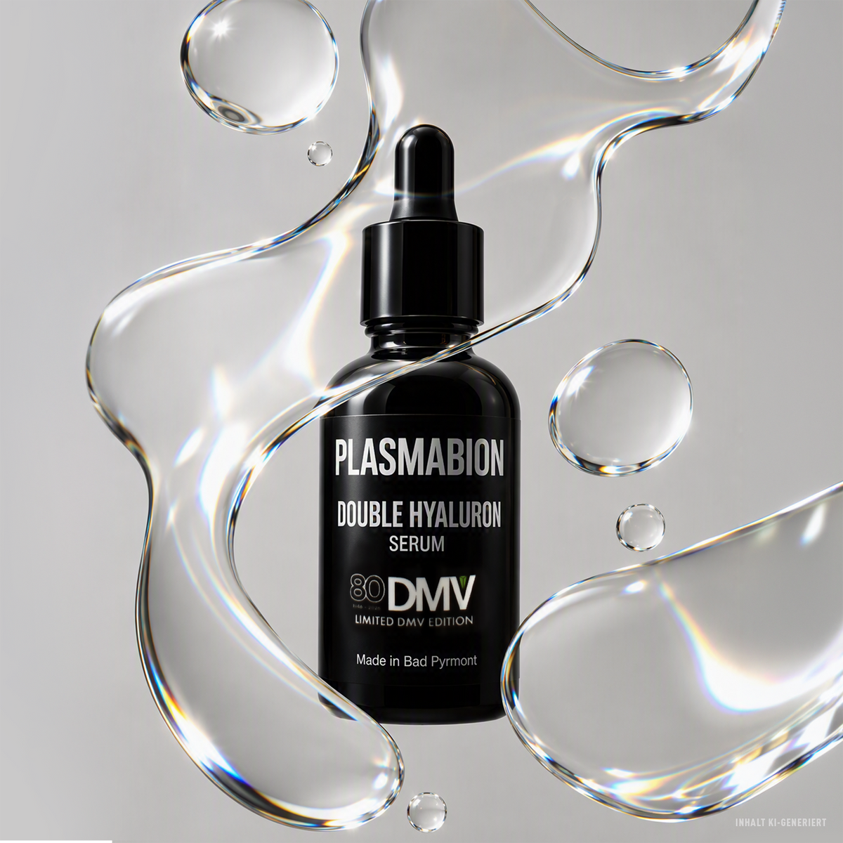 PLASMABION Double Hyaluron Serum - 30ml vor grauem Hintergrund hinter fluidem Serum