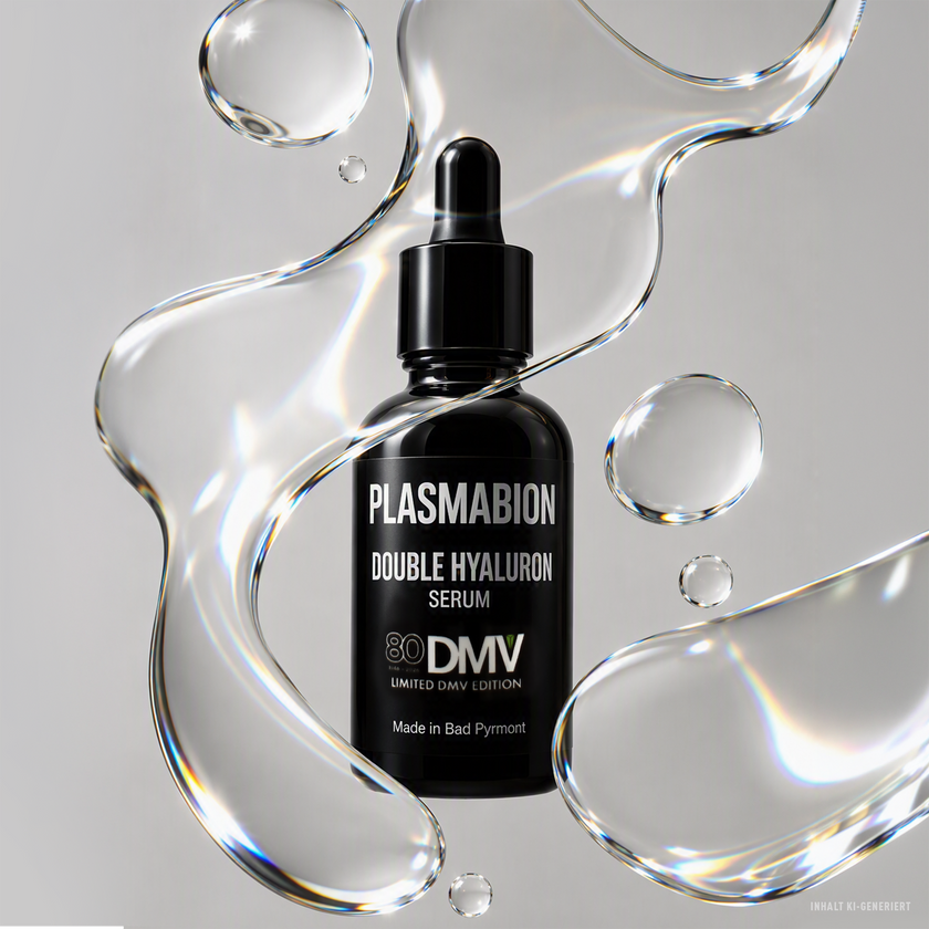 PLASMABION Double Hyaluron Serum - 30ml vor grauem Hintergrund hinter fluidem Serum