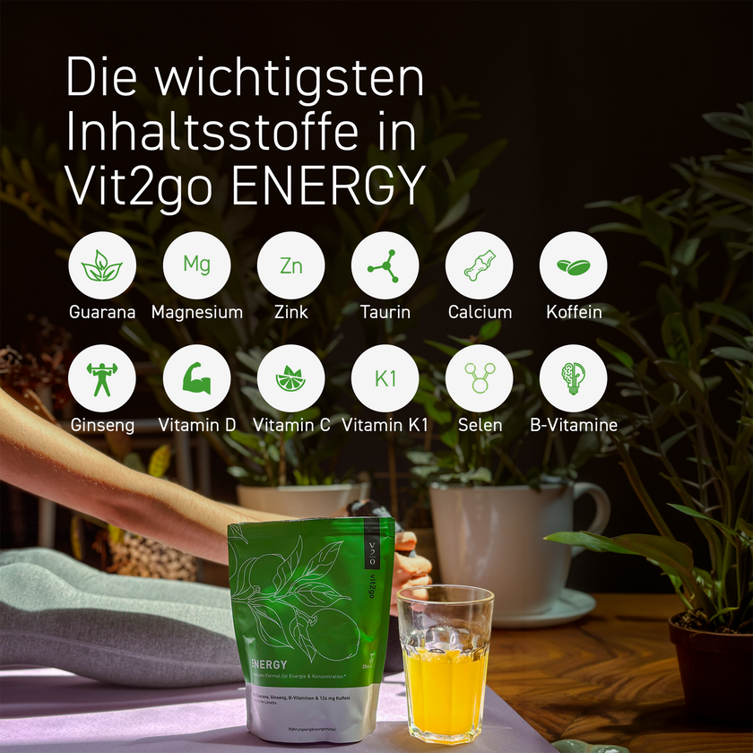 Frau auf Yogamatte, Pflanzen im Hintergrund, Vit2go Energy Standbodenbeutel, Glas, Icons und Schrift im Vordergrund