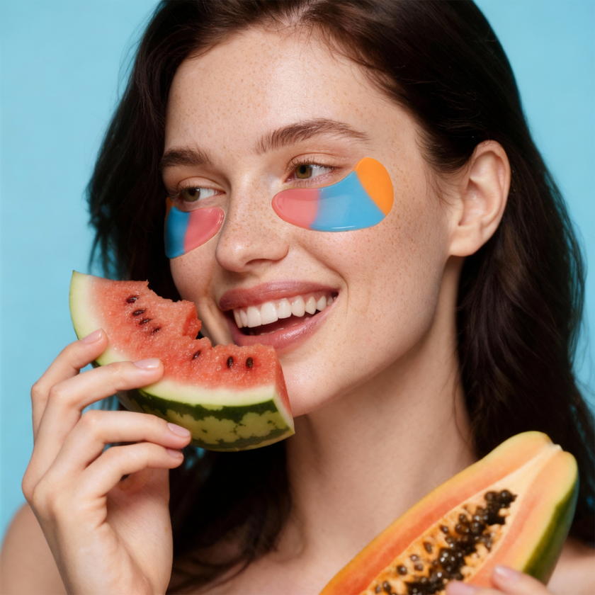 Frau isst Melone und hält Papaya in der Hand