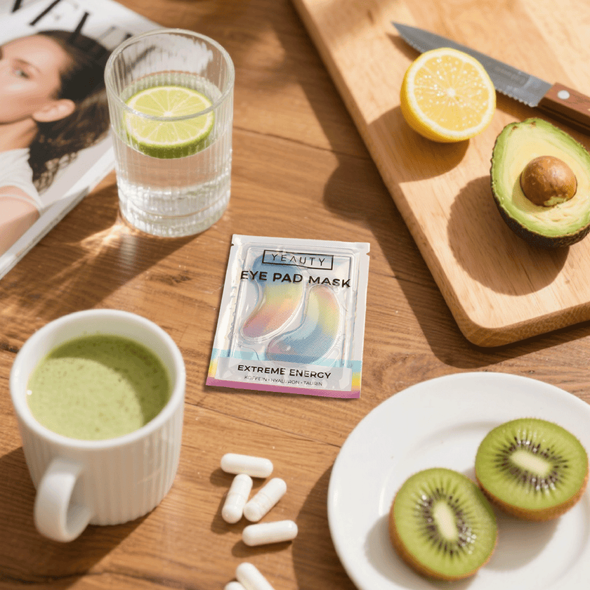 YEAUTY Eye Pad Mask Extreme Energy auf Holztisch und Frühstück drumherum